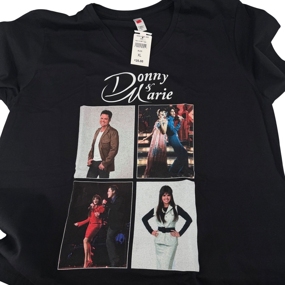 Hanes Donny & Marie Osmond Graphic V-Neck T-Shirt Black XL New With Tags